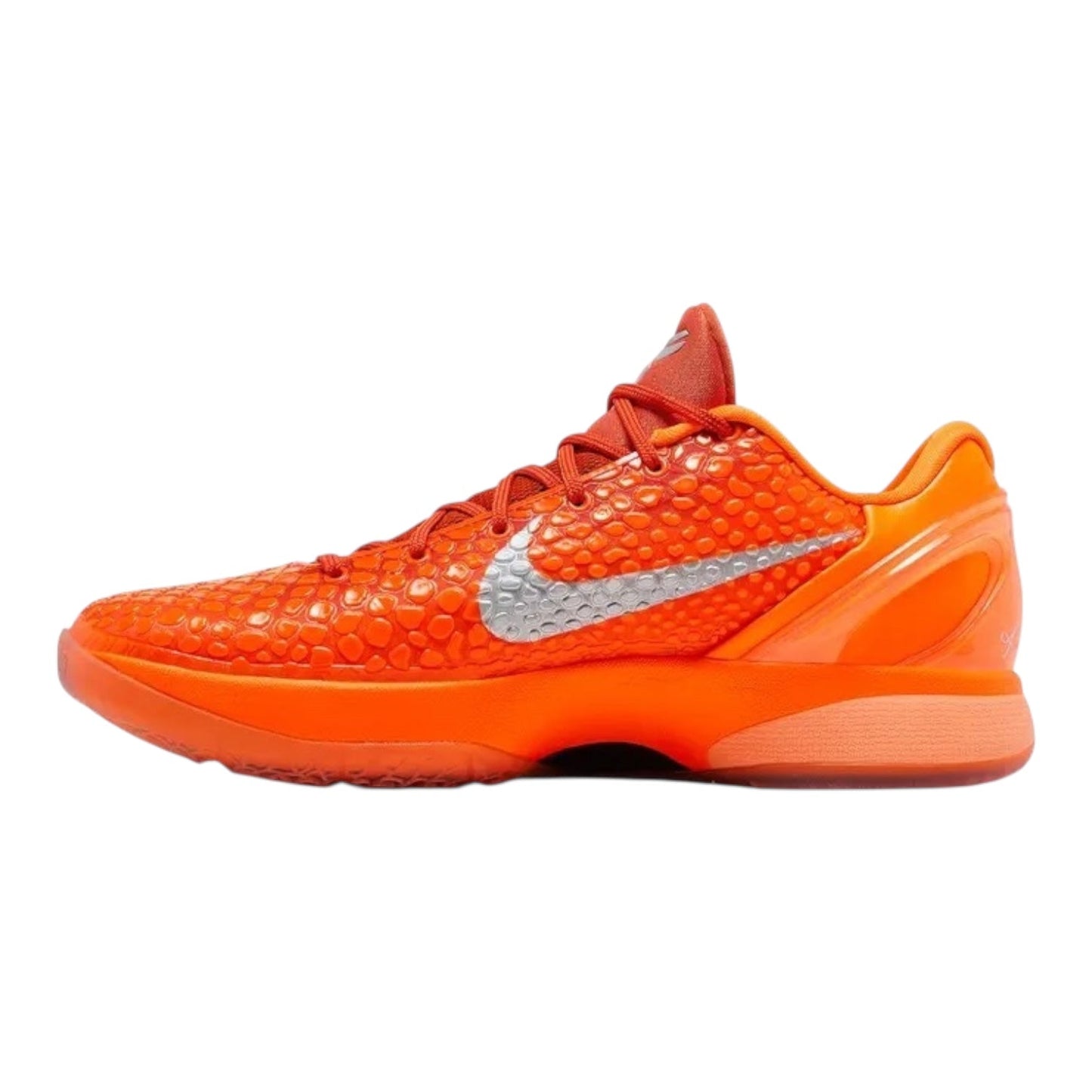 Orange sneaker with a white logo on a white background